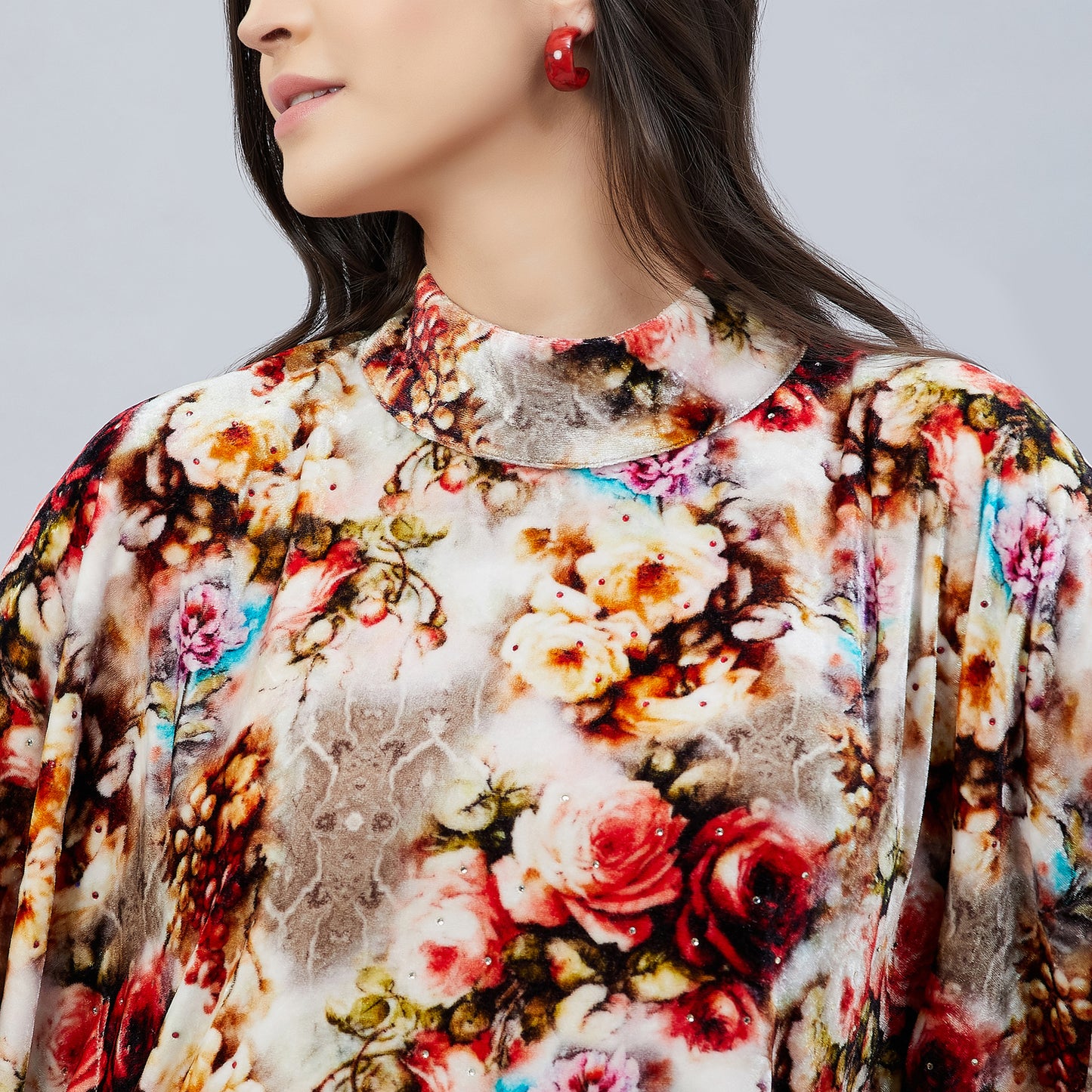 Beige Floral Crystal Studded Silk Velvet Tunic