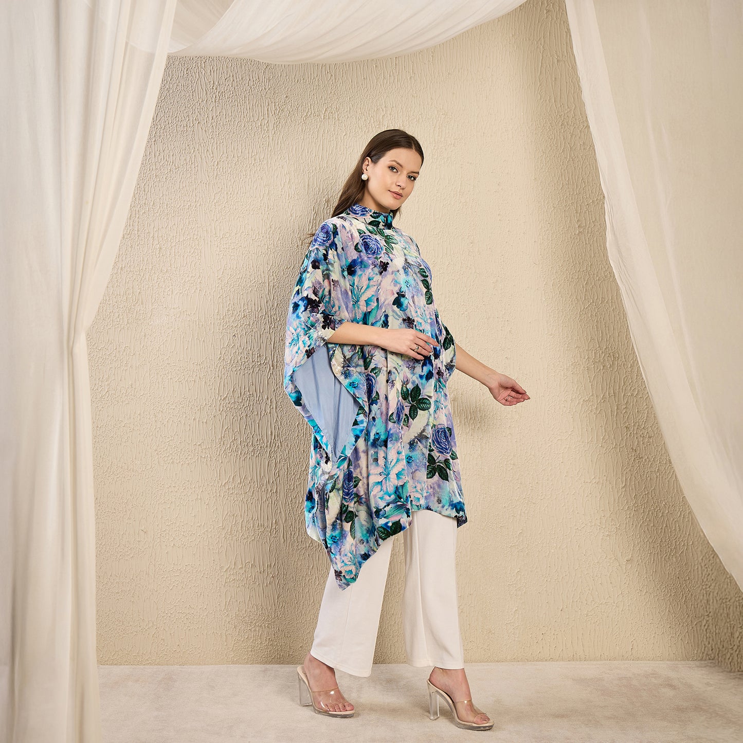 Blue and Green Floral Crystal Studded Silk Velvet Tunic