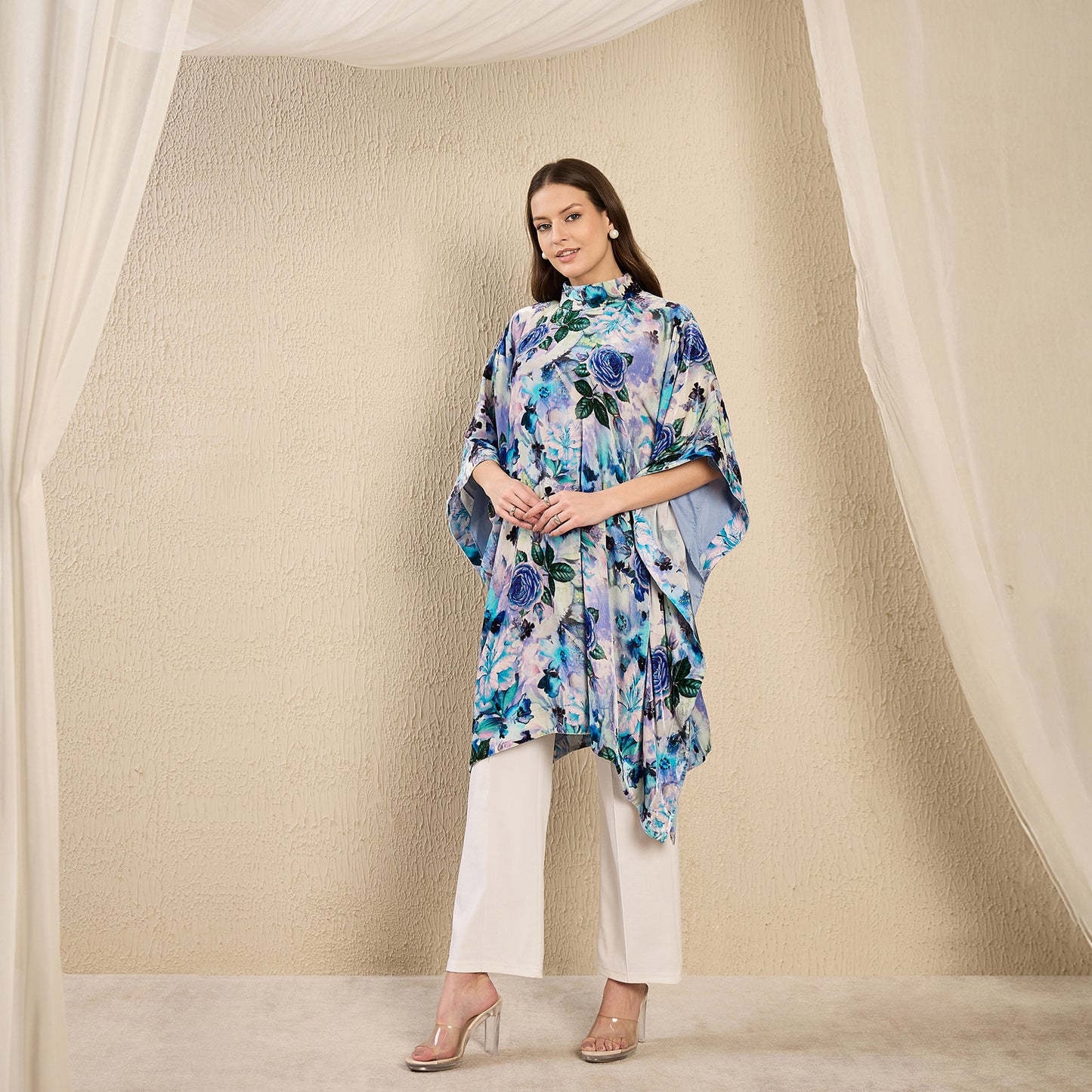 Blue and Green Floral Crystal Studded Silk Velvet Tunic
