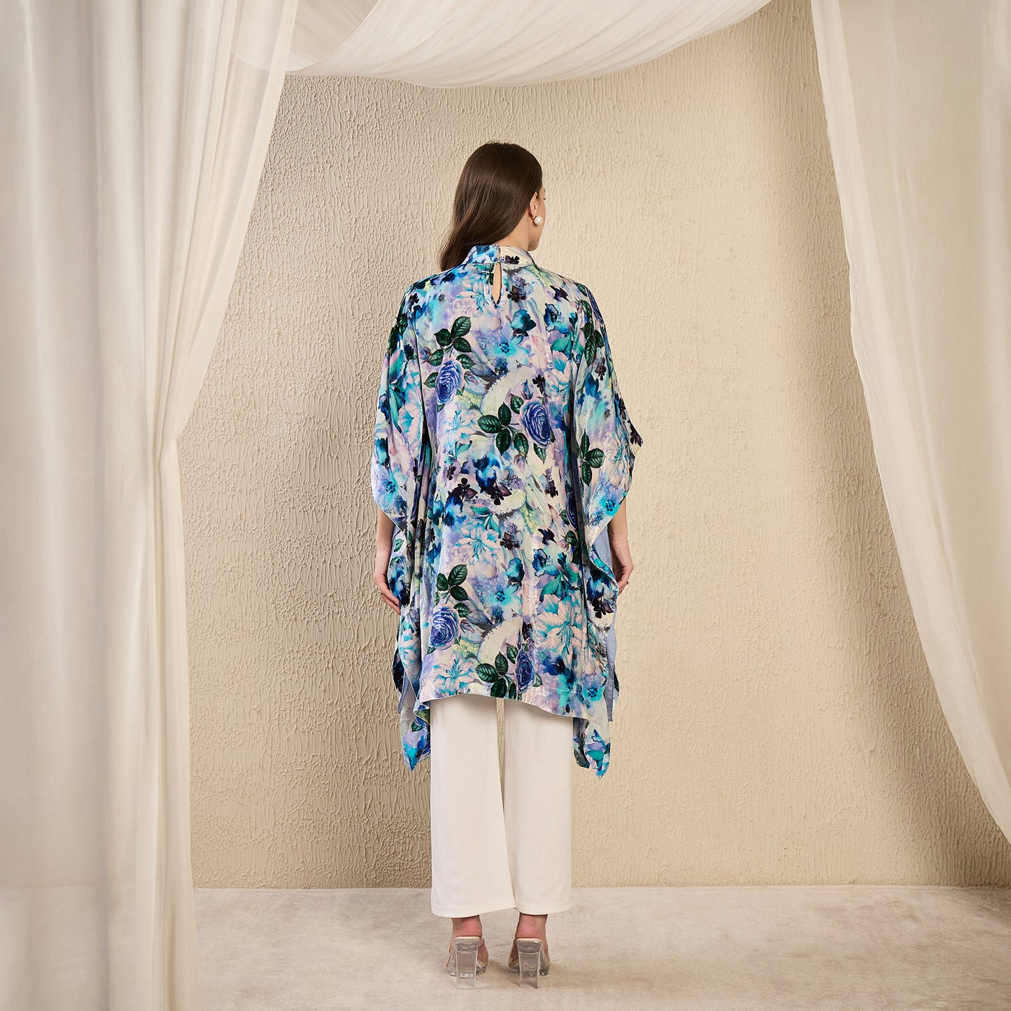 Blue and Green Floral Crystal Studded Silk Velvet Tunic