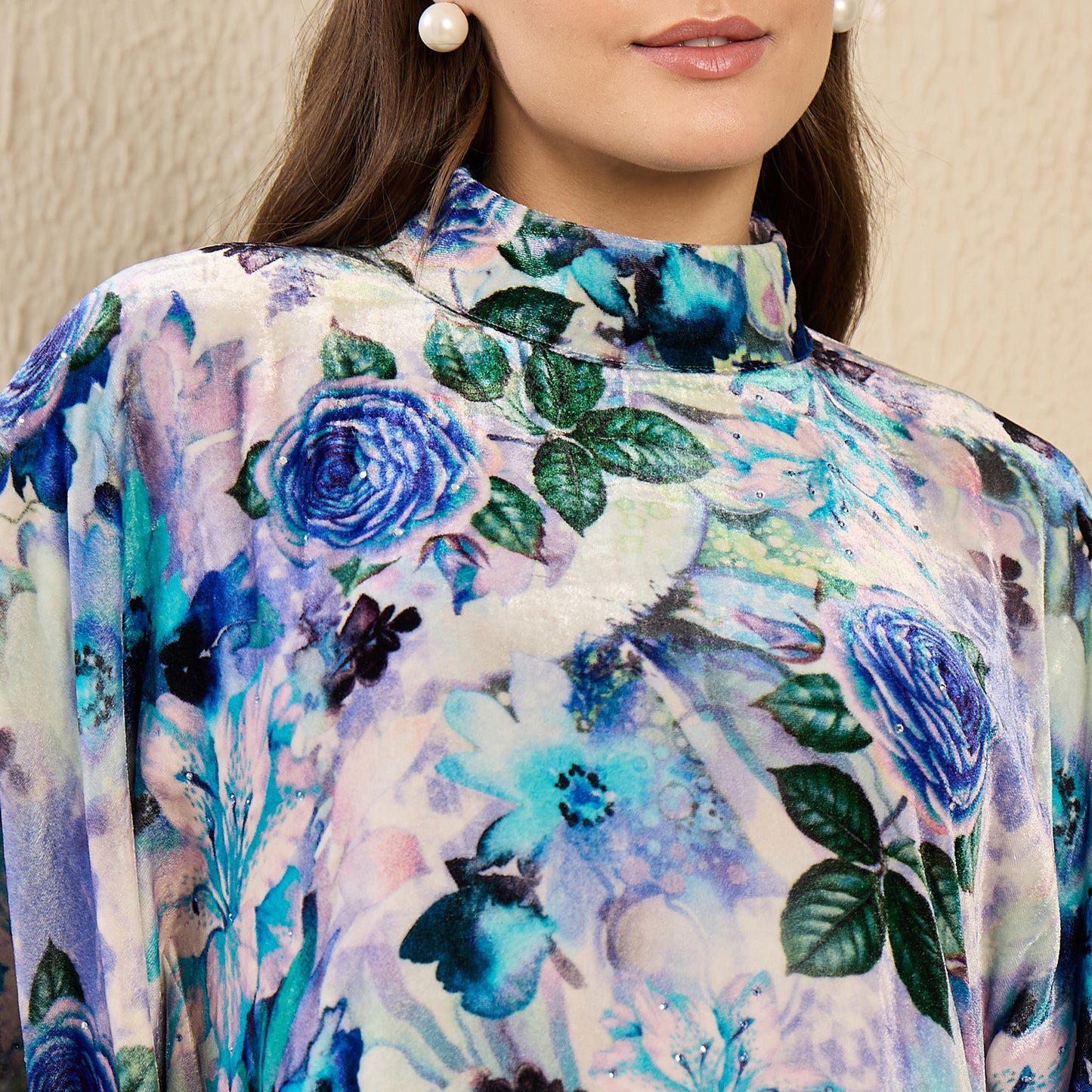 Blue and Green Floral Crystal Studded Silk Velvet Tunic