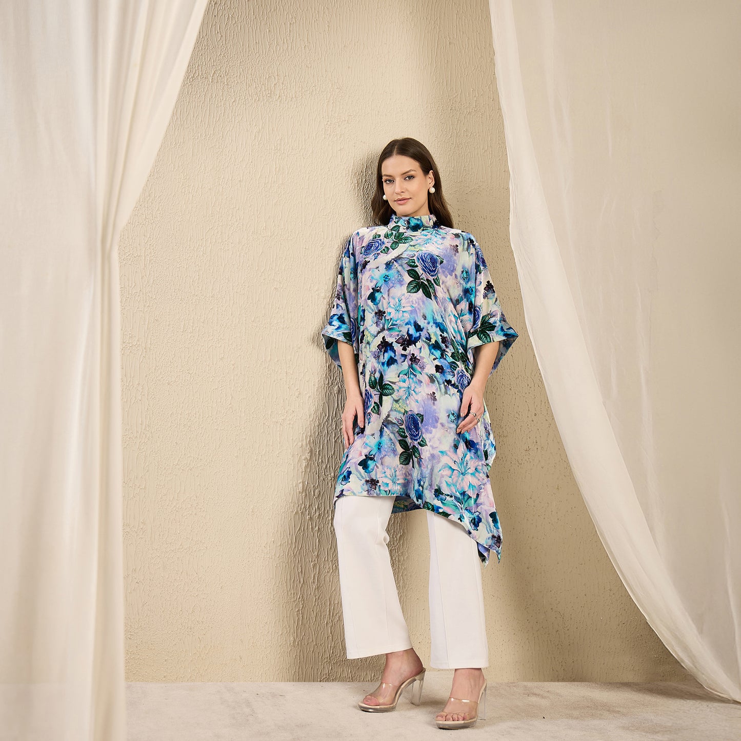 Blue and Green Floral Crystal Studded Silk Velvet Tunic