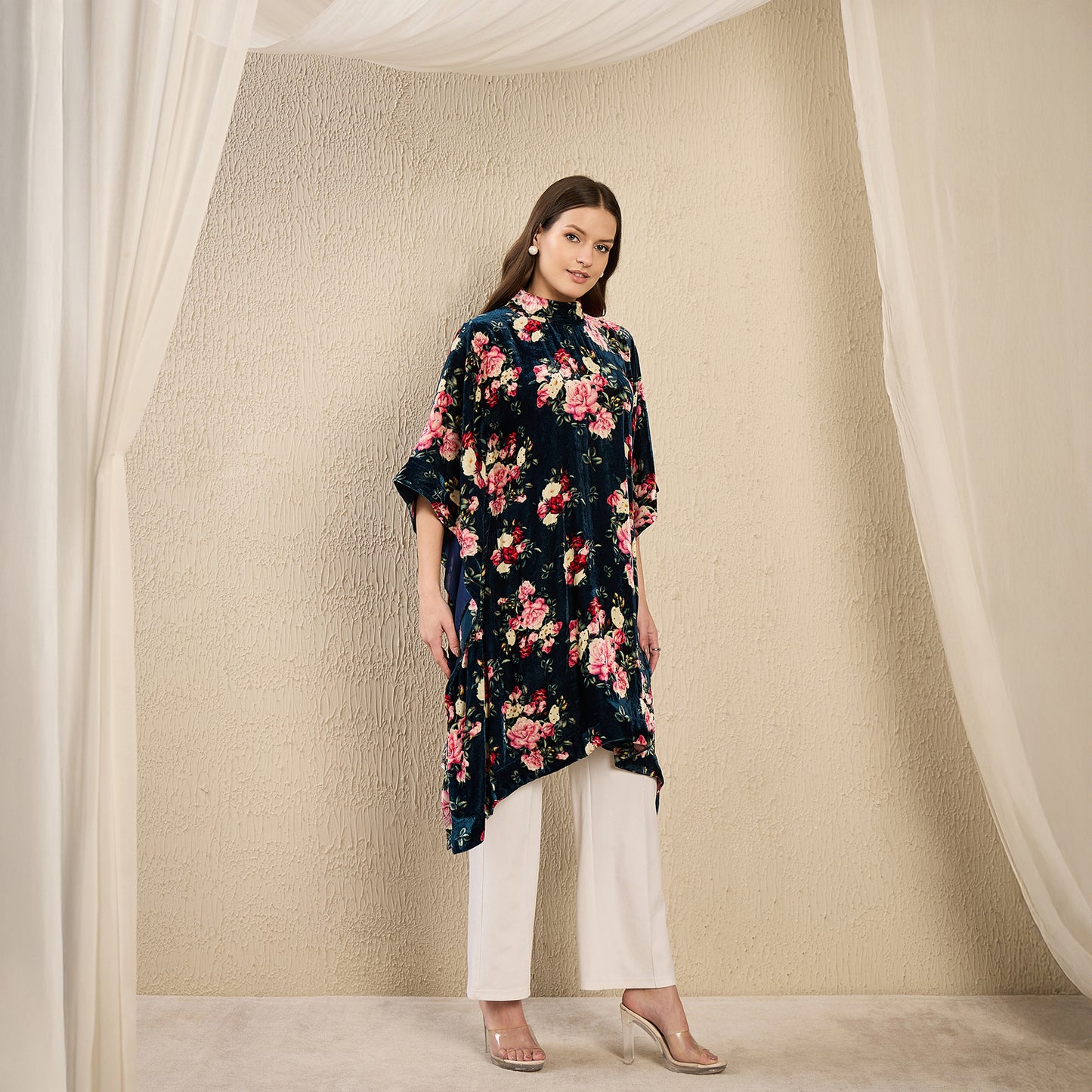Blue and Red Floral Crystal Studded Silk Velvet Tunic
