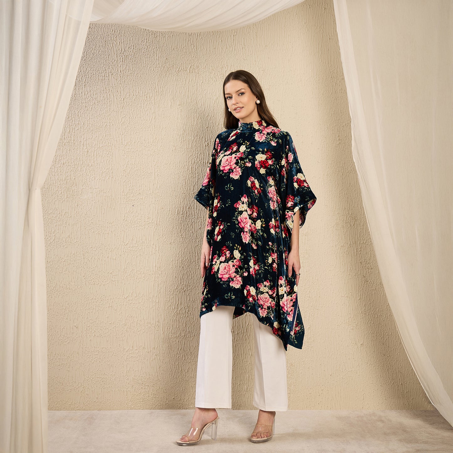 Blue and Red Floral Crystal Studded Silk Velvet Tunic