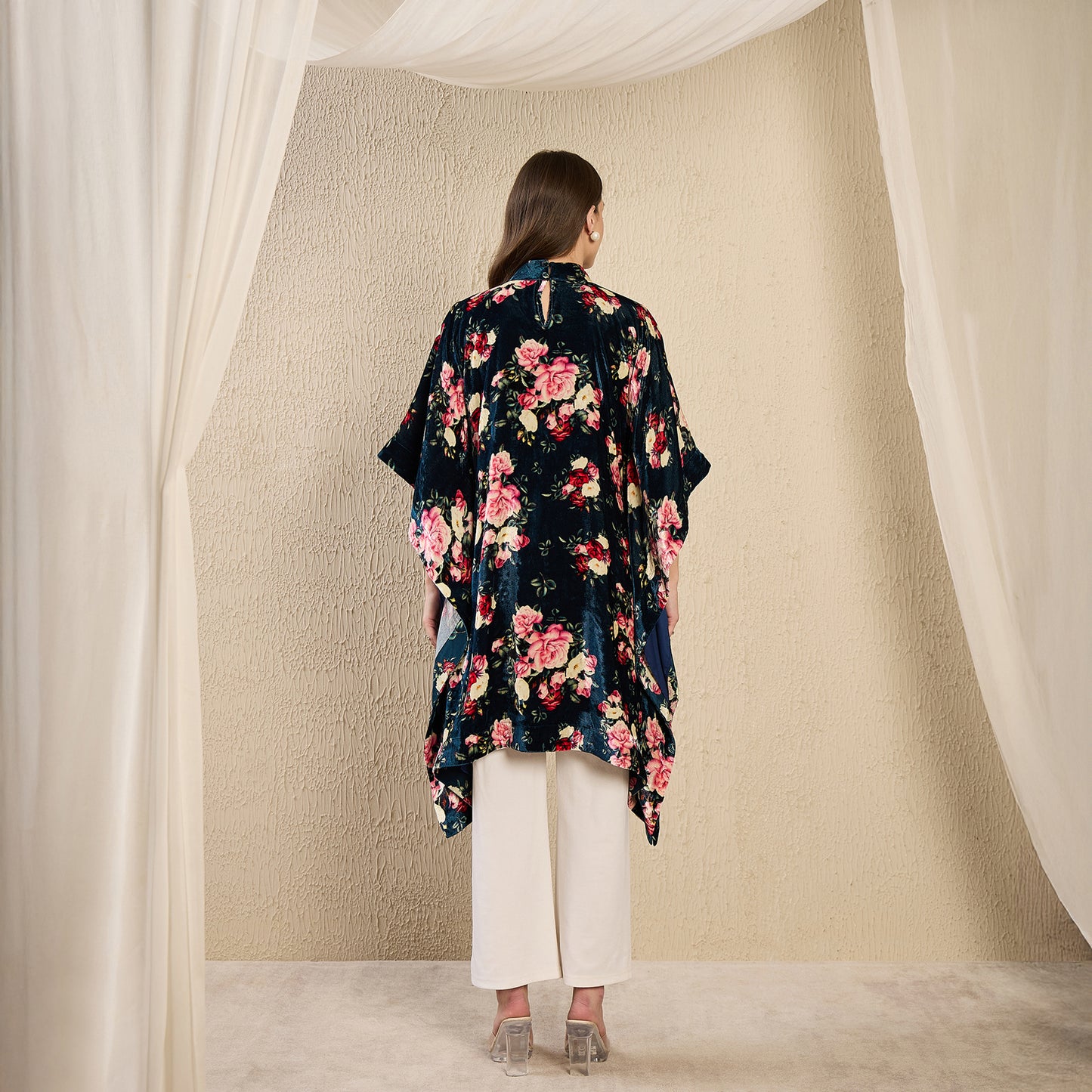 Blue and Red Floral Crystal Studded Silk Velvet Tunic