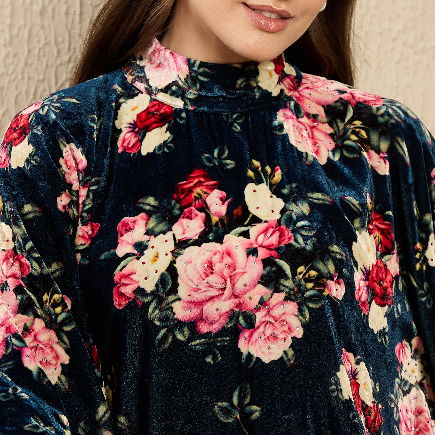 Blue and Red Floral Crystal Studded Silk Velvet Tunic