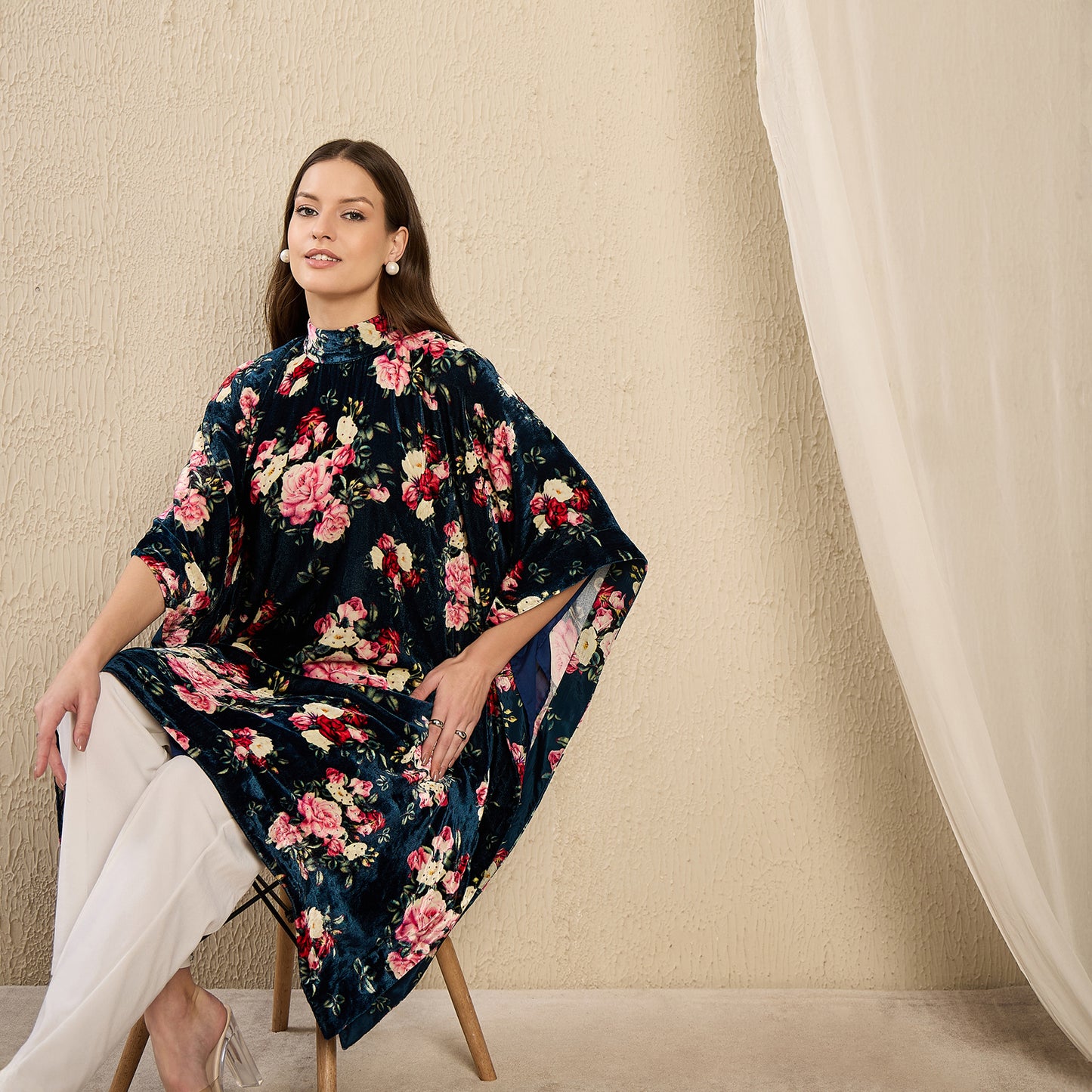 Blue and Red Floral Crystal Studded Silk Velvet Tunic