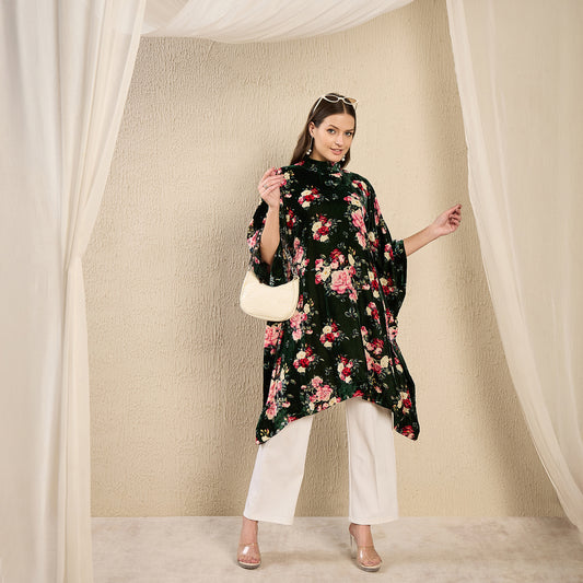 Green and Red Floral Crystal Studded Silk Velvet Tunic