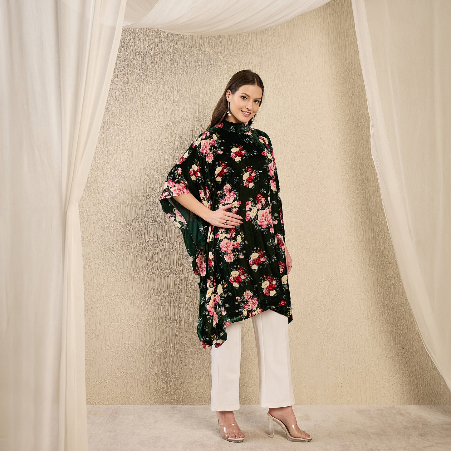 Green and Red Floral Crystal Studded Silk Velvet Tunic
