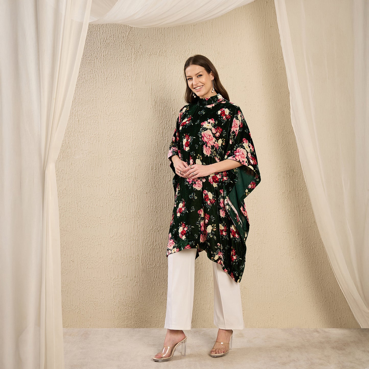 Green and Red Floral Crystal Studded Silk Velvet Tunic