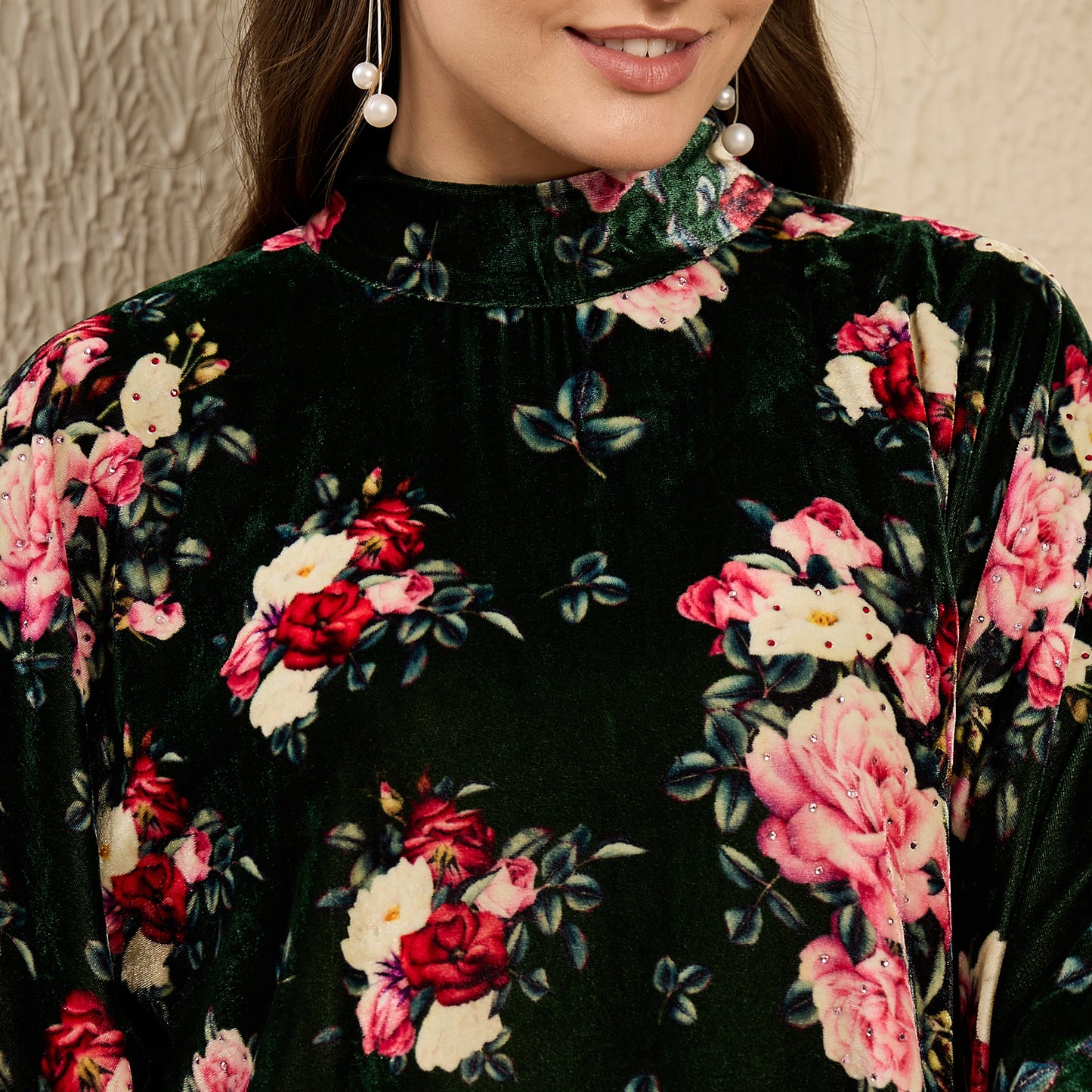 Green and Red Floral Crystal Studded Silk Velvet Tunic