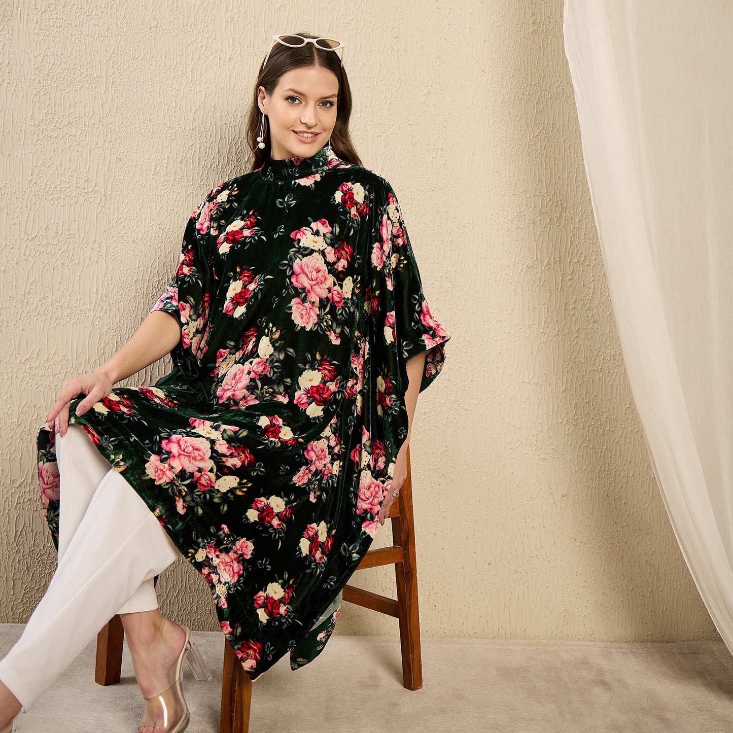 Green and Red Floral Crystal Studded Silk Velvet Tunic