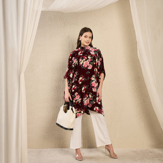 Maroon and Pink Floral Crystal Studded Silk Velvet Tunic