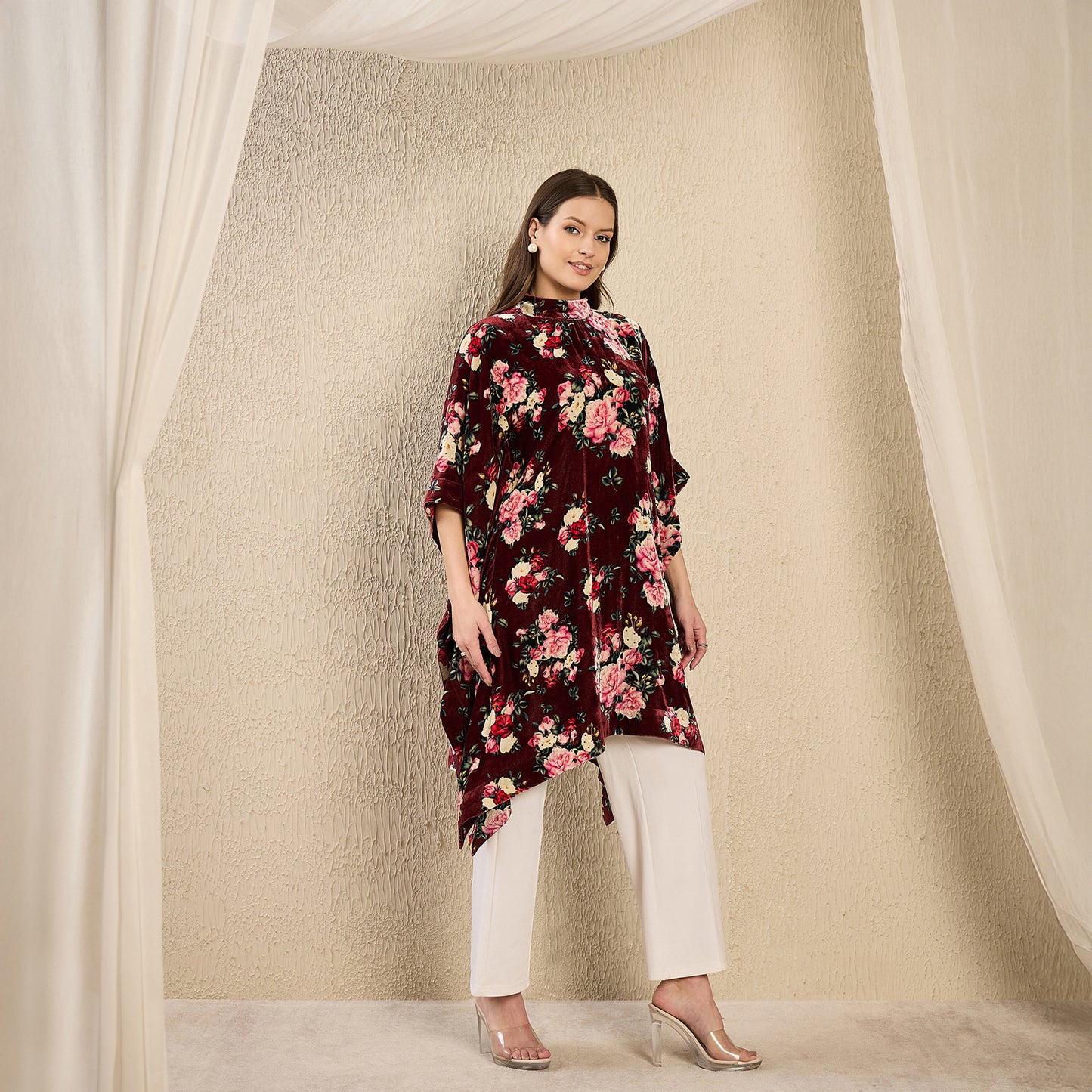 Maroon and Pink Floral Crystal Studded Silk Velvet Tunic