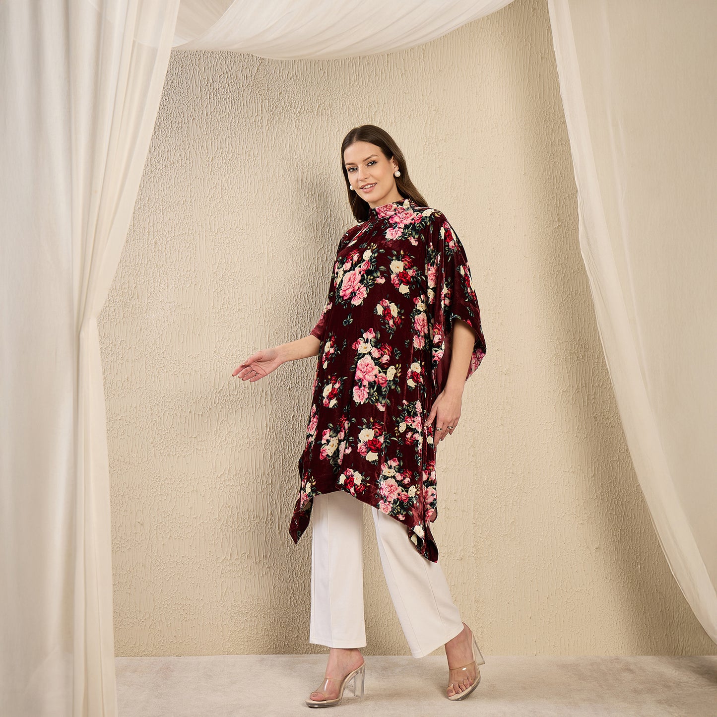 Maroon and Pink Floral Crystal Studded Silk Velvet Tunic