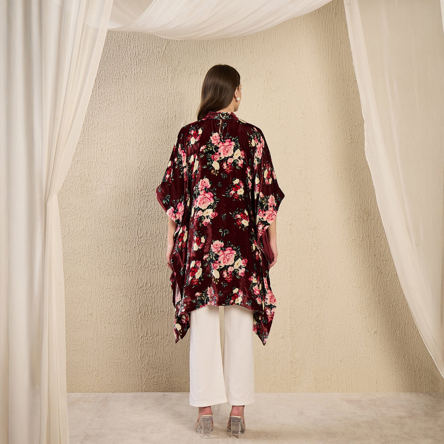 Maroon and Pink Floral Crystal Studded Silk Velvet Tunic