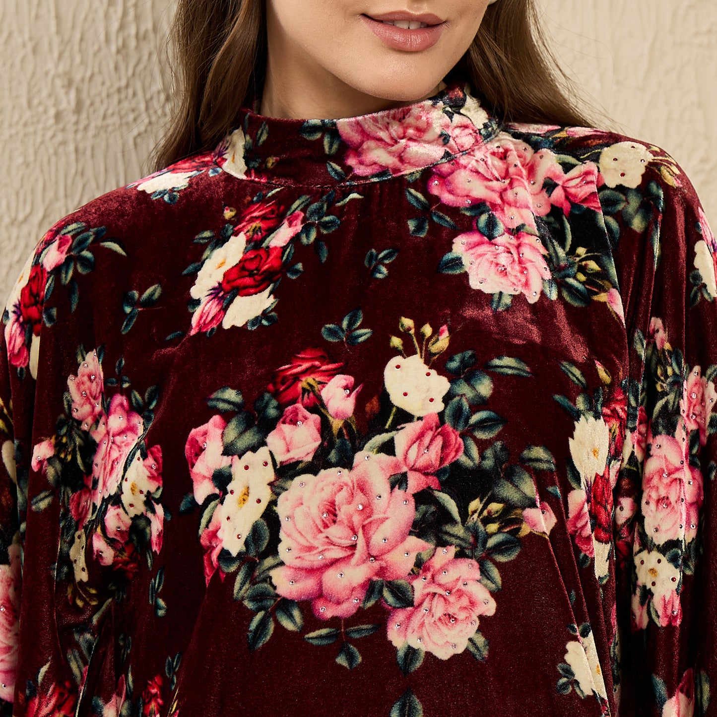Maroon and Pink Floral Crystal Studded Silk Velvet Tunic