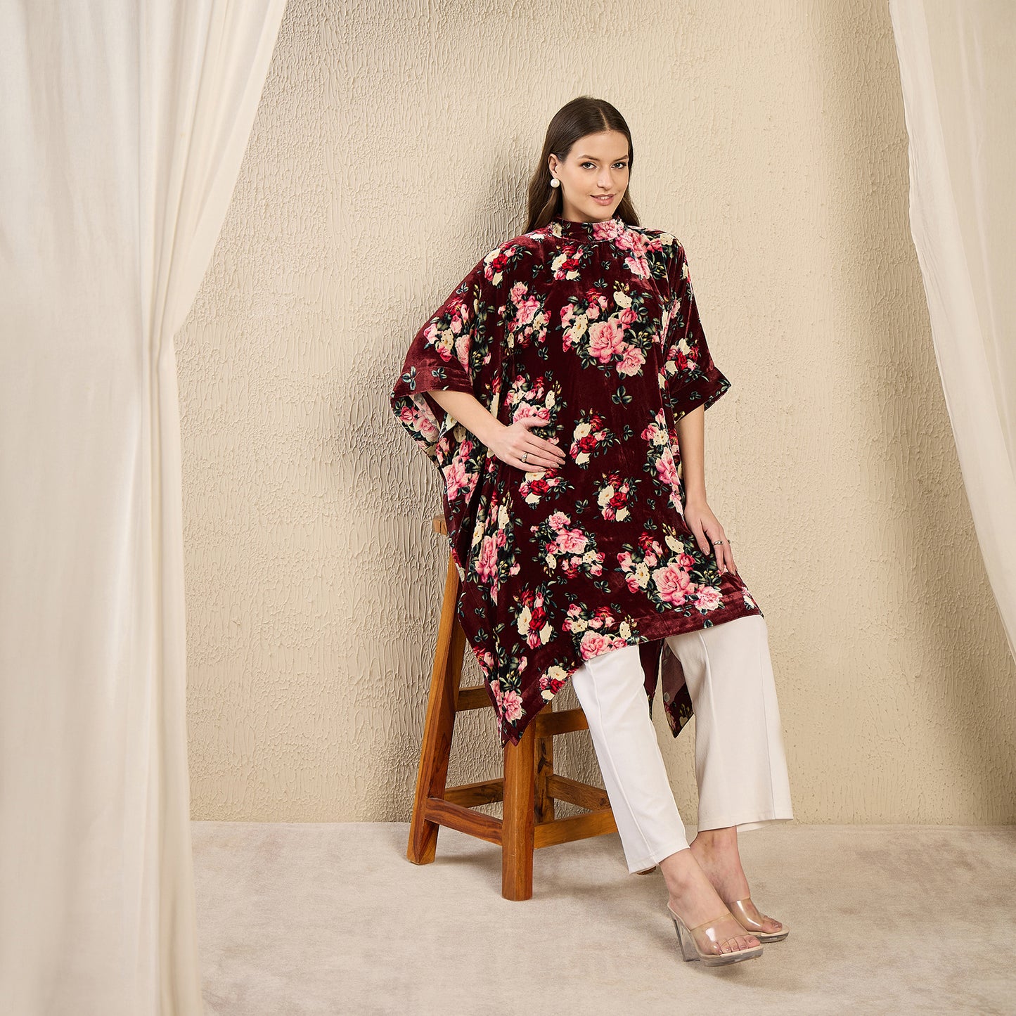 Maroon and Pink Floral Crystal Studded Silk Velvet Tunic