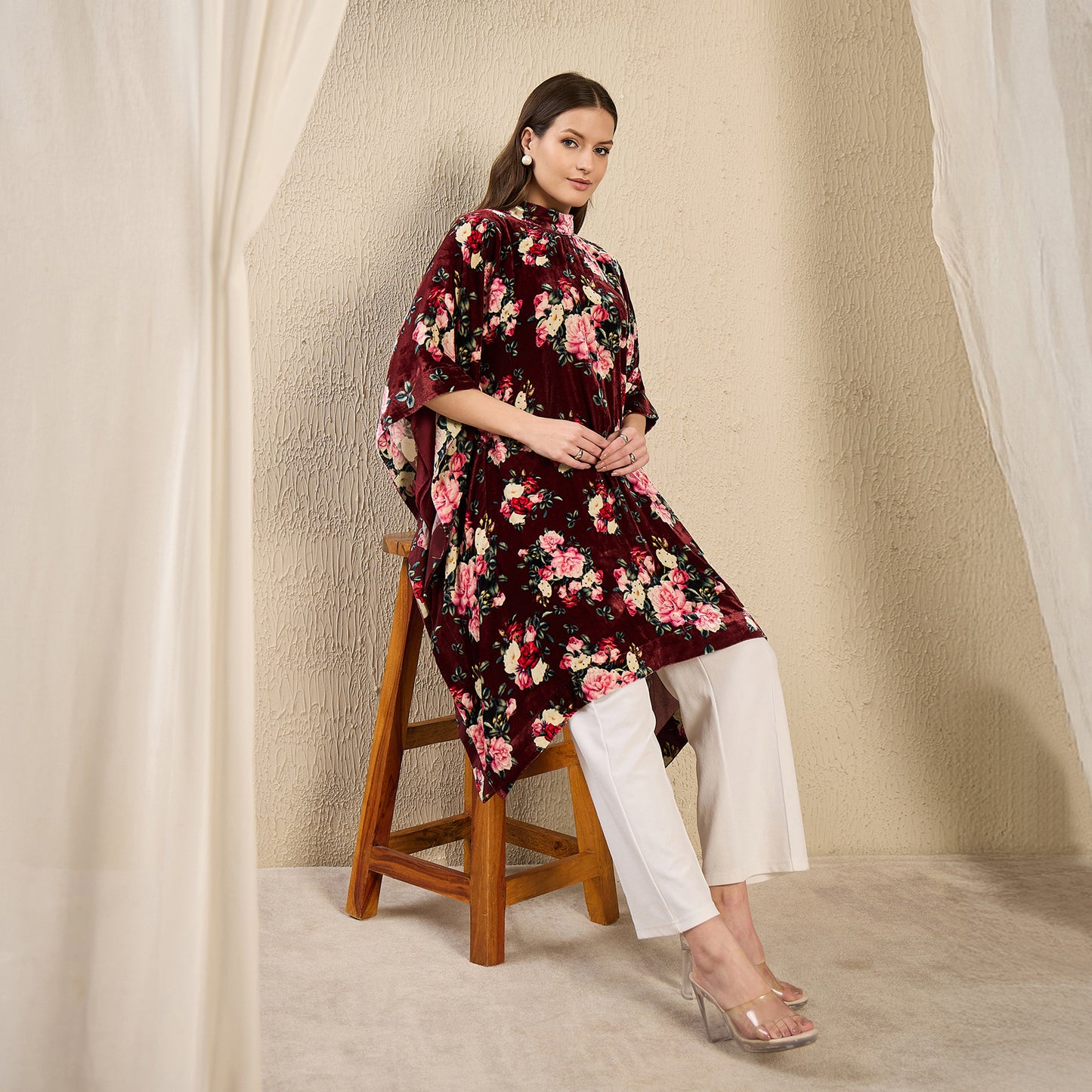 Maroon and Pink Floral Crystal Studded Silk Velvet Tunic