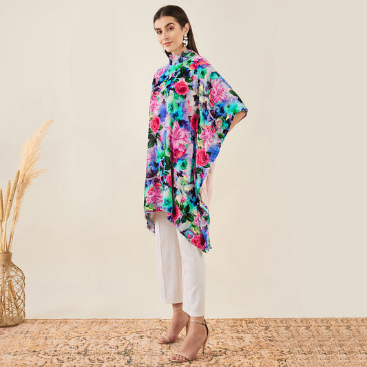 Multicoloured Crystal Studded Floral Silk Velvet Tunic