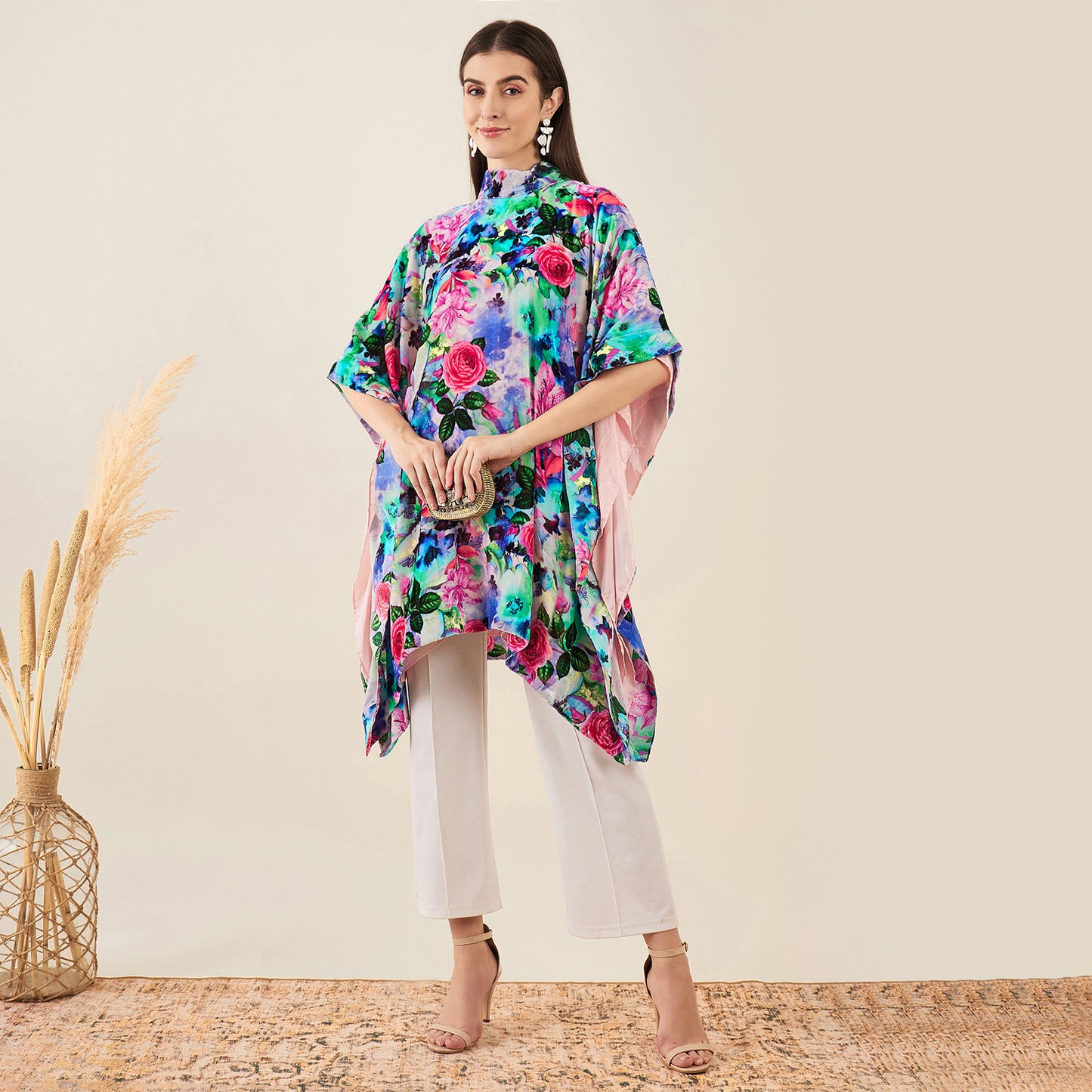 Multicoloured Crystal Studded Floral Silk Velvet Tunic