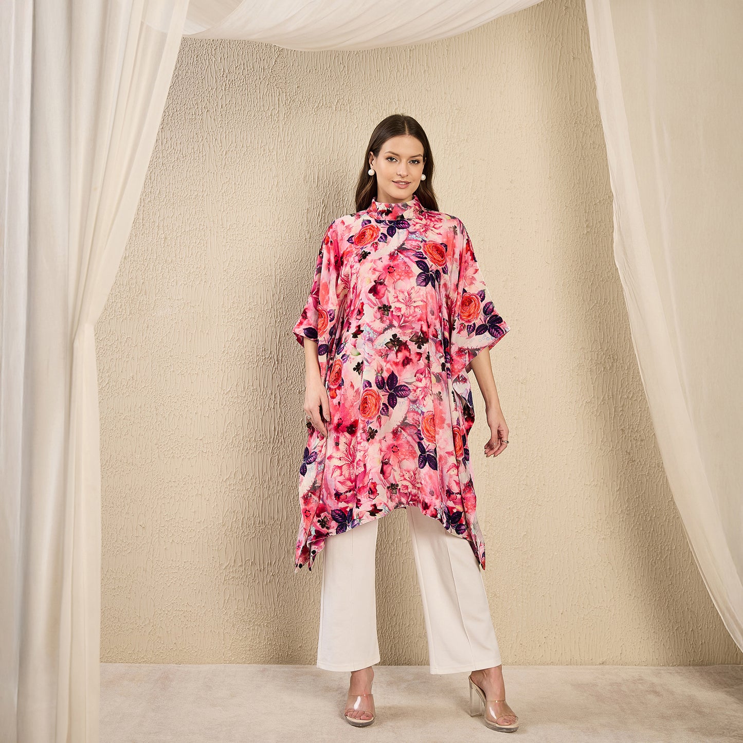 Pink and Red Floral Crystal Studded Silk Velvet Tunic
