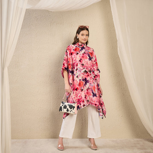 Pink and Red Floral Crystal Studded Silk Velvet Tunic