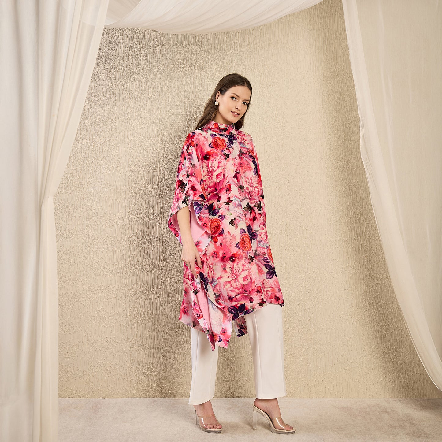 Pink and Red Floral Crystal Studded Silk Velvet Tunic