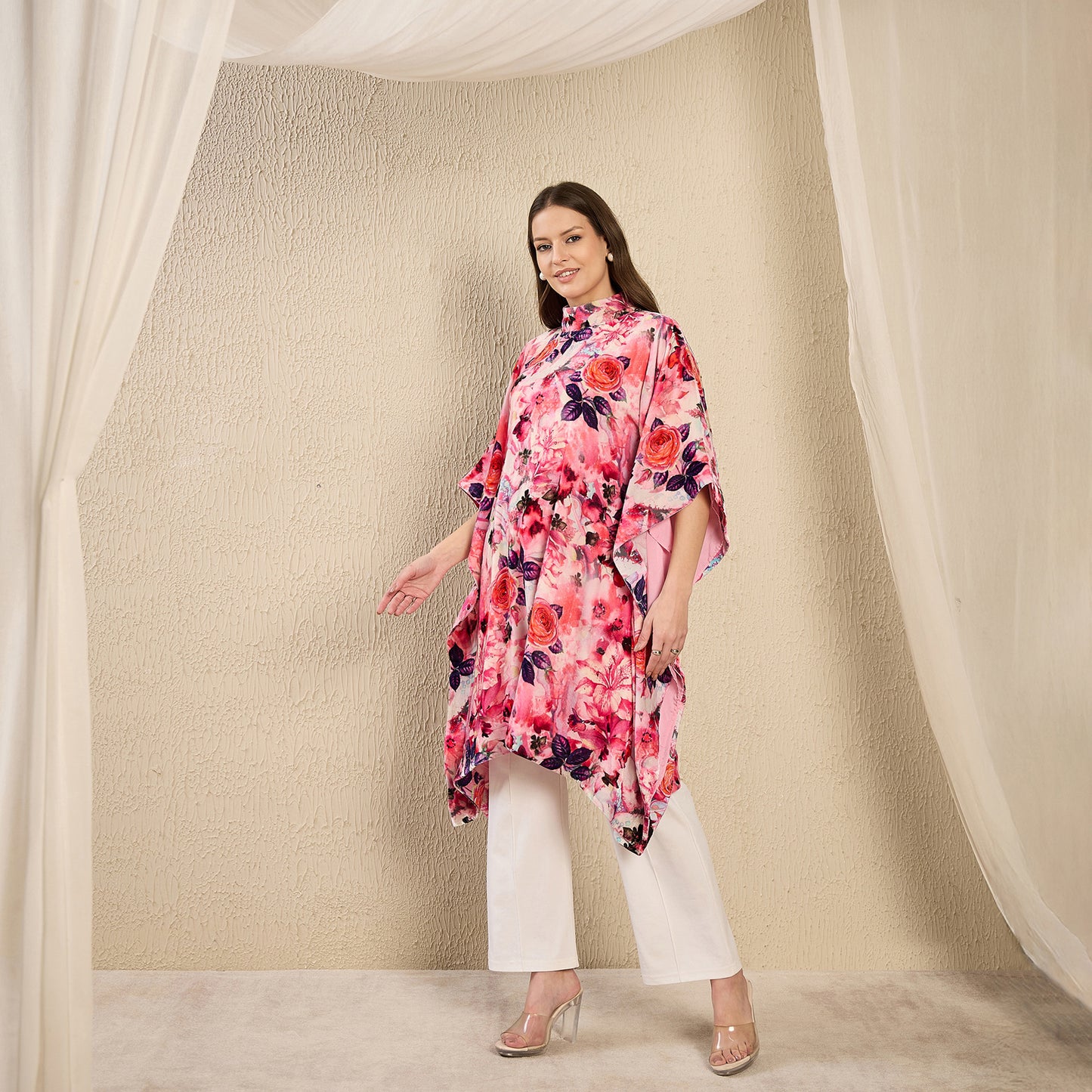 Pink and Red Floral Crystal Studded Silk Velvet Tunic