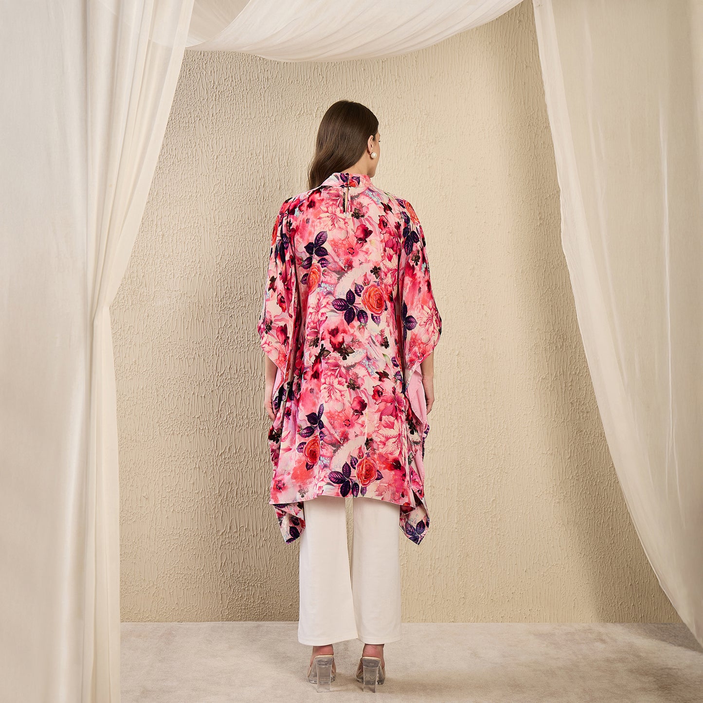 Pink and Red Floral Crystal Studded Silk Velvet Tunic