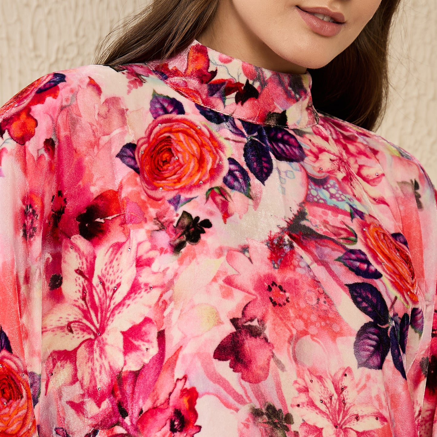 Pink and Red Floral Crystal Studded Silk Velvet Tunic
