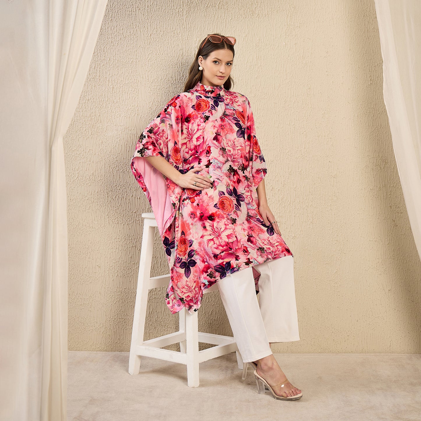 Pink and Red Floral Crystal Studded Silk Velvet Tunic