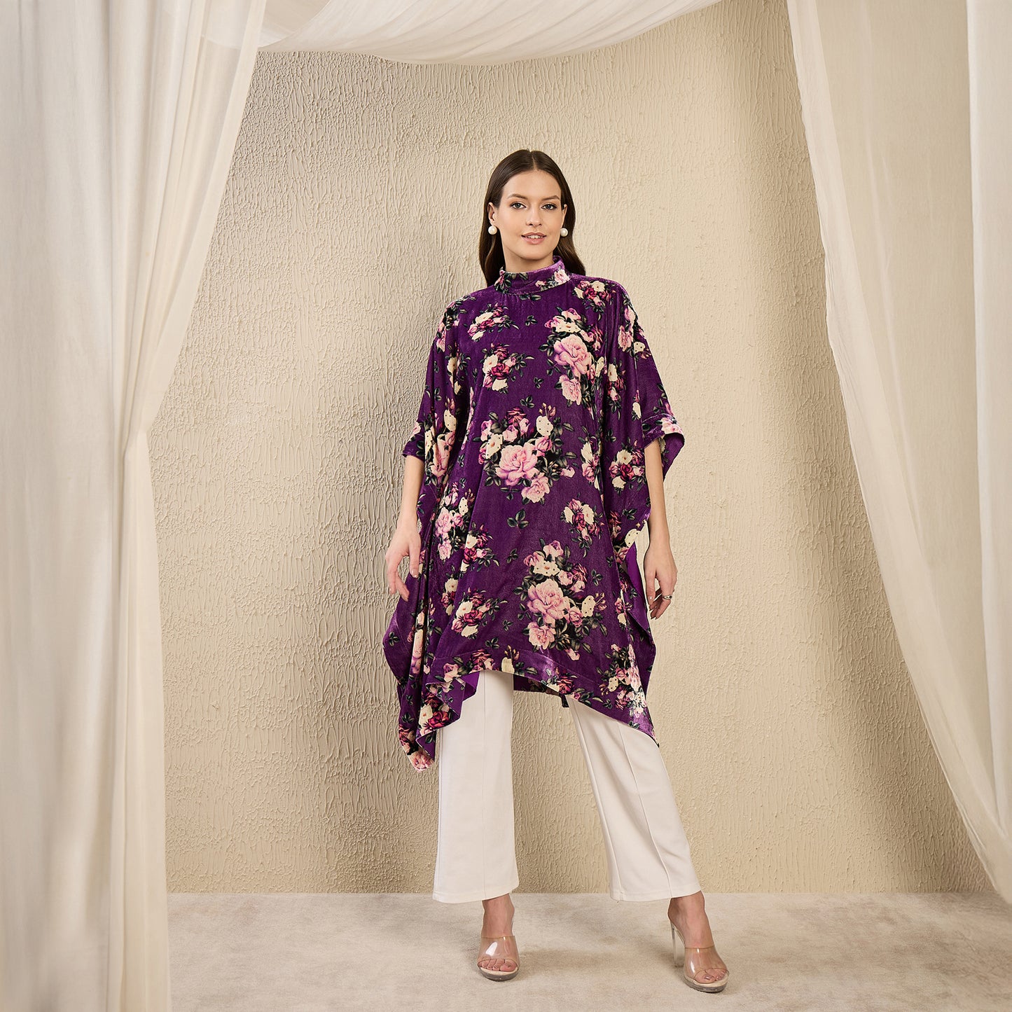 Purple and Pink Floral Crystal Studded Silk Velvet Tunic