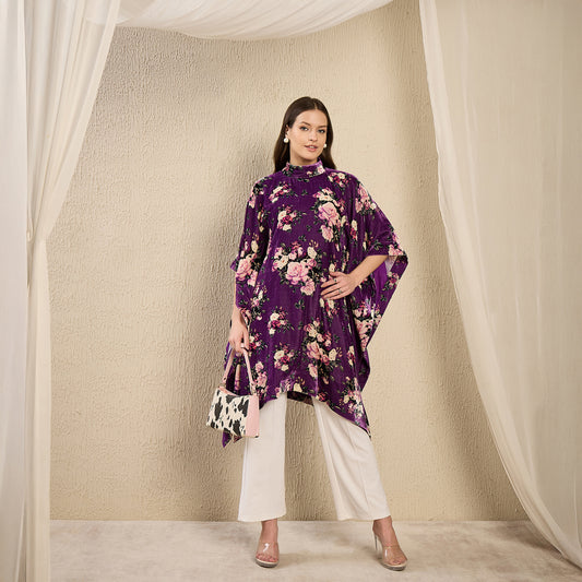 Purple and Pink Floral Crystal Studded Silk Velvet Tunic