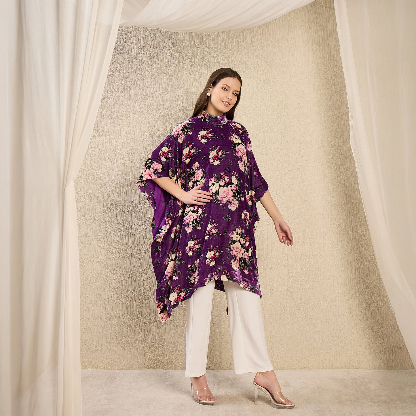Purple and Pink Floral Crystal Studded Silk Velvet Tunic