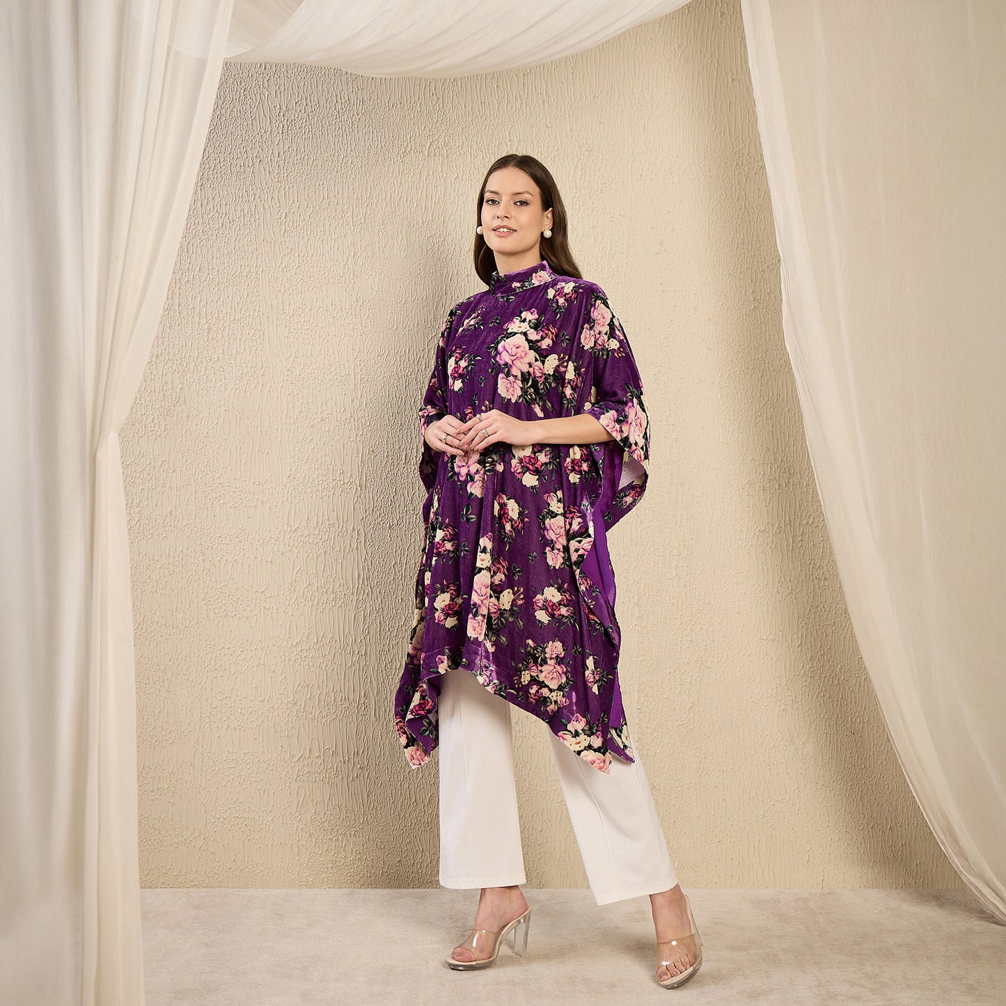 Purple and Pink Floral Crystal Studded Silk Velvet Tunic