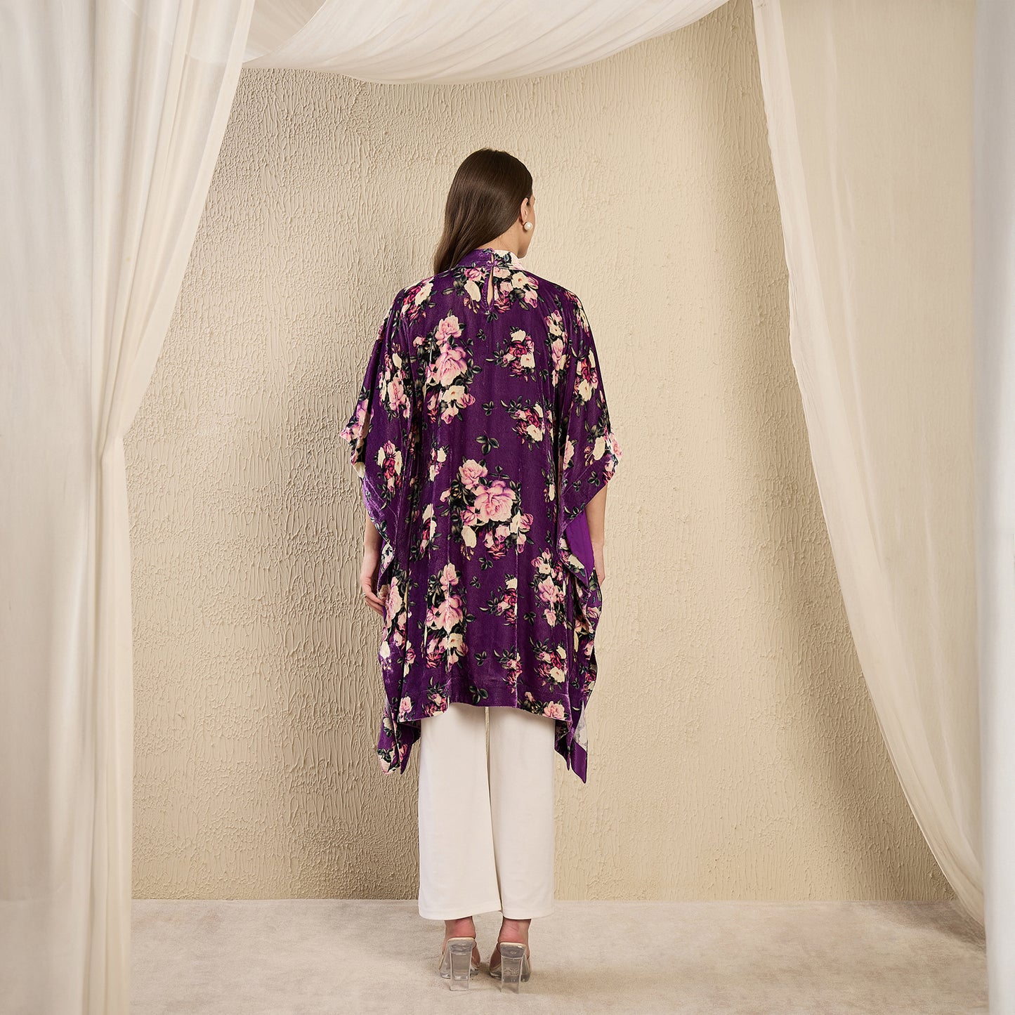 Purple and Pink Floral Crystal Studded Silk Velvet Tunic