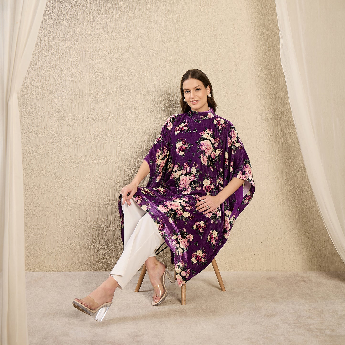 Purple and Pink Floral Crystal Studded Silk Velvet Tunic