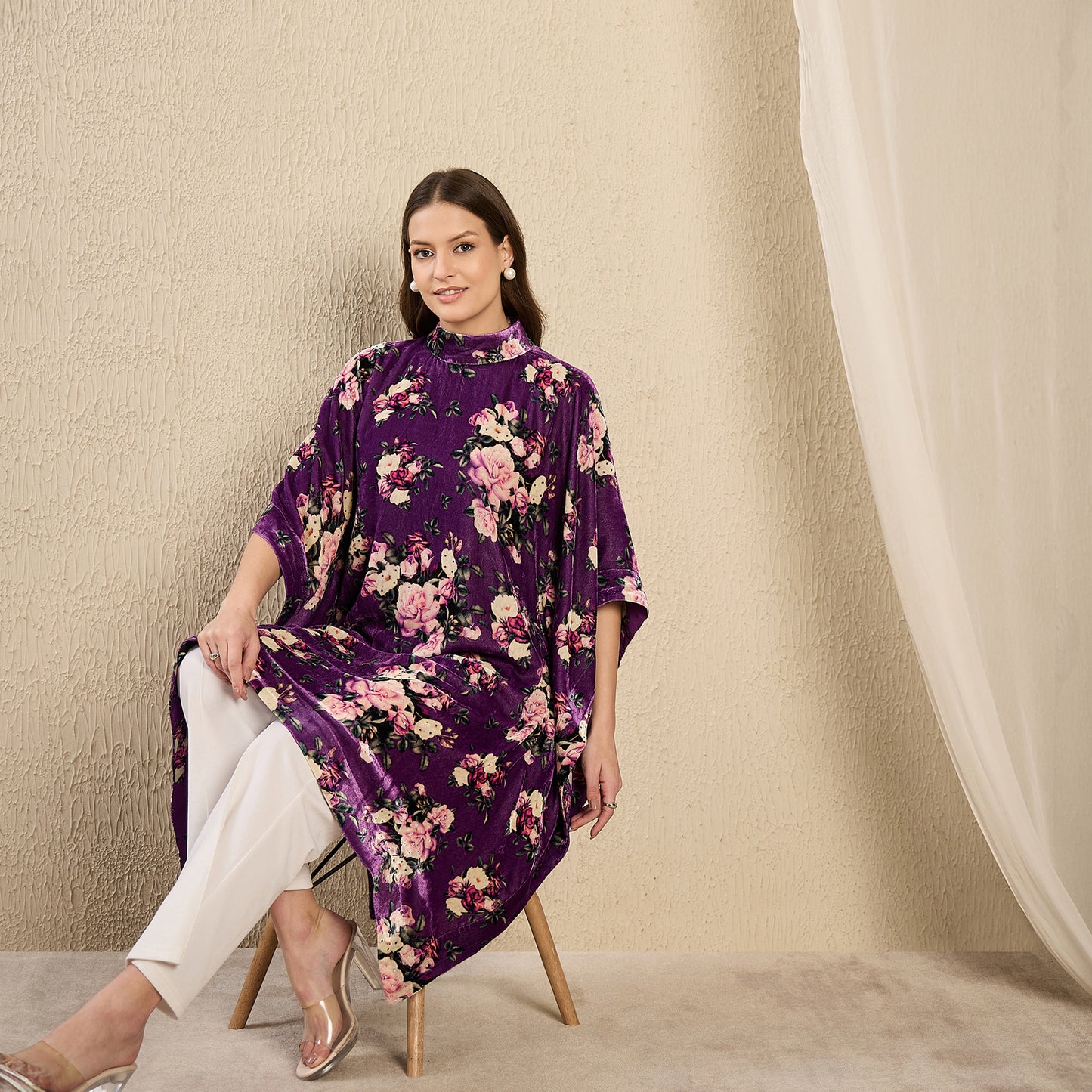 Purple and Pink Floral Crystal Studded Silk Velvet Tunic