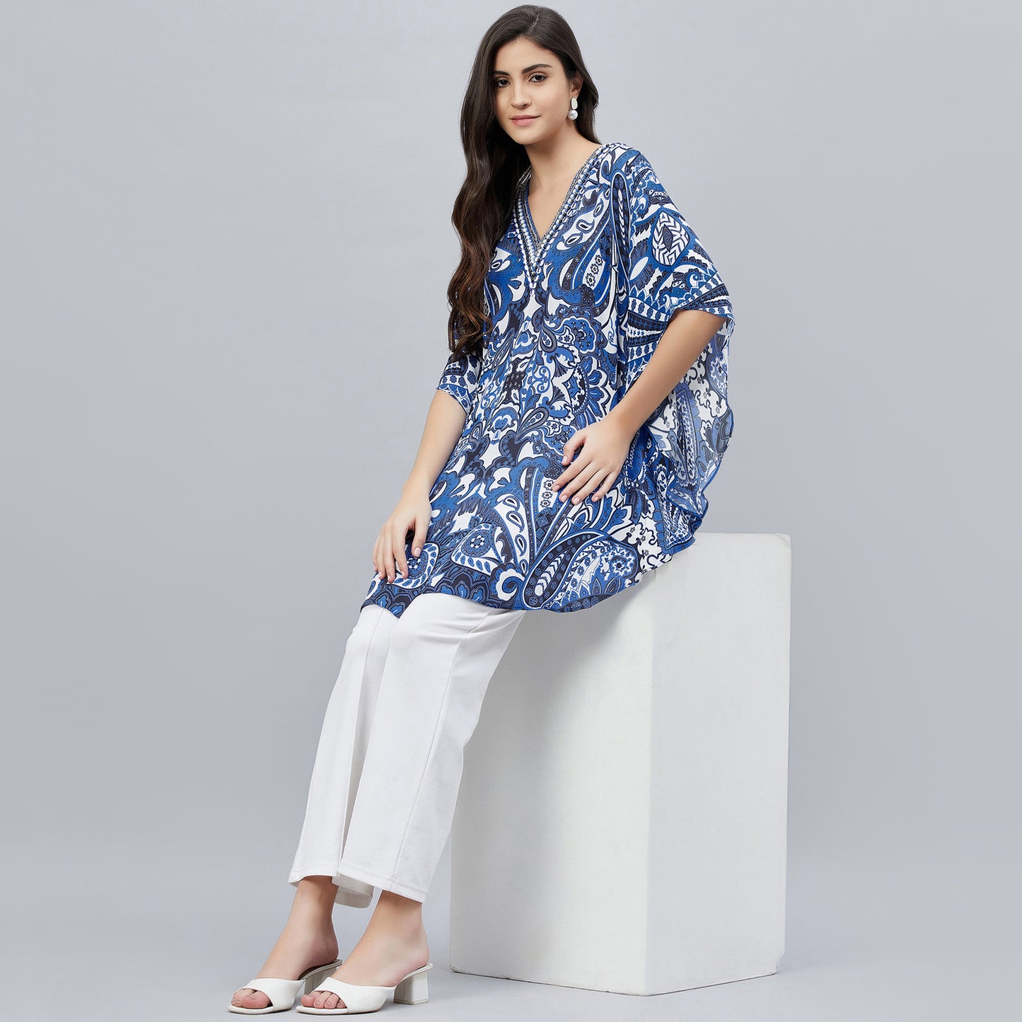 Azure Blue and White Paisley Tunic