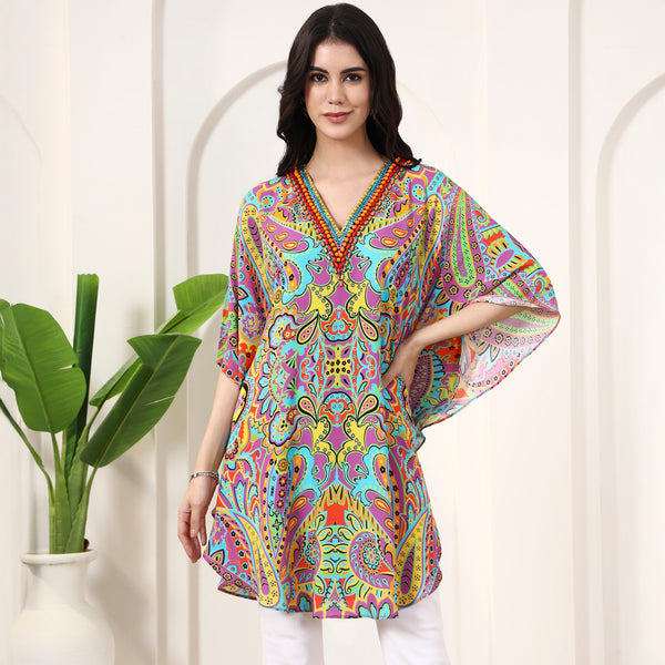 Blue and Purple Floral Print Tunic for Women – Double Viscose Georgette | First Resort by Ramola Bachchan