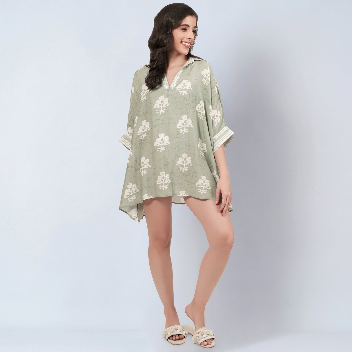 Sage Green and Ecru Floral Short Tunic