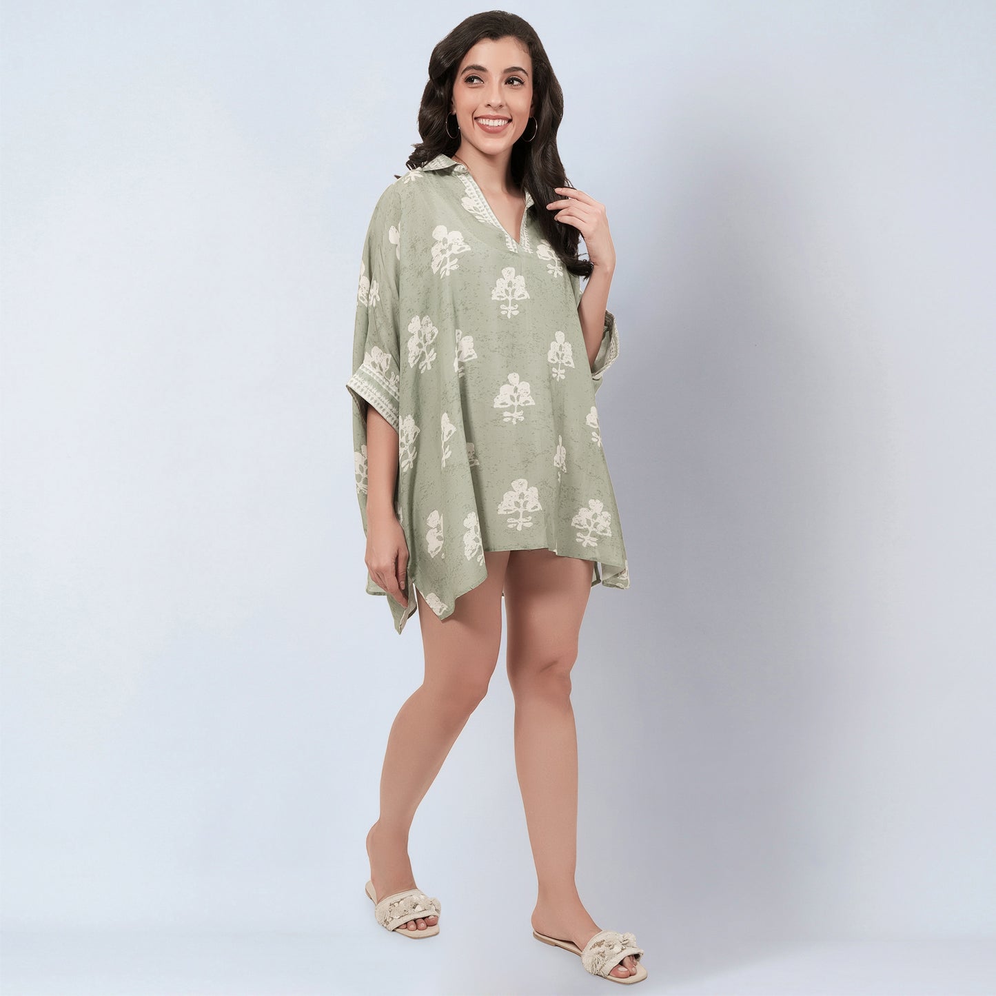 Sage Green and Ecru Floral Short Tunic