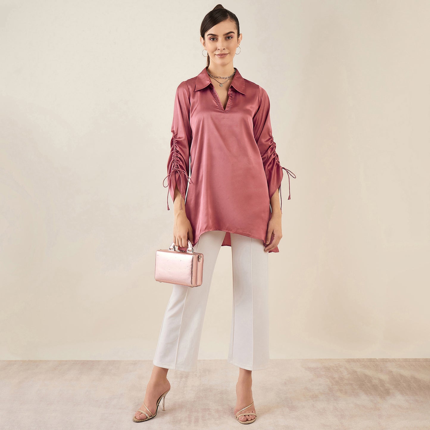 Old Rose Gathered Sleeves Embellished Satin Tunic