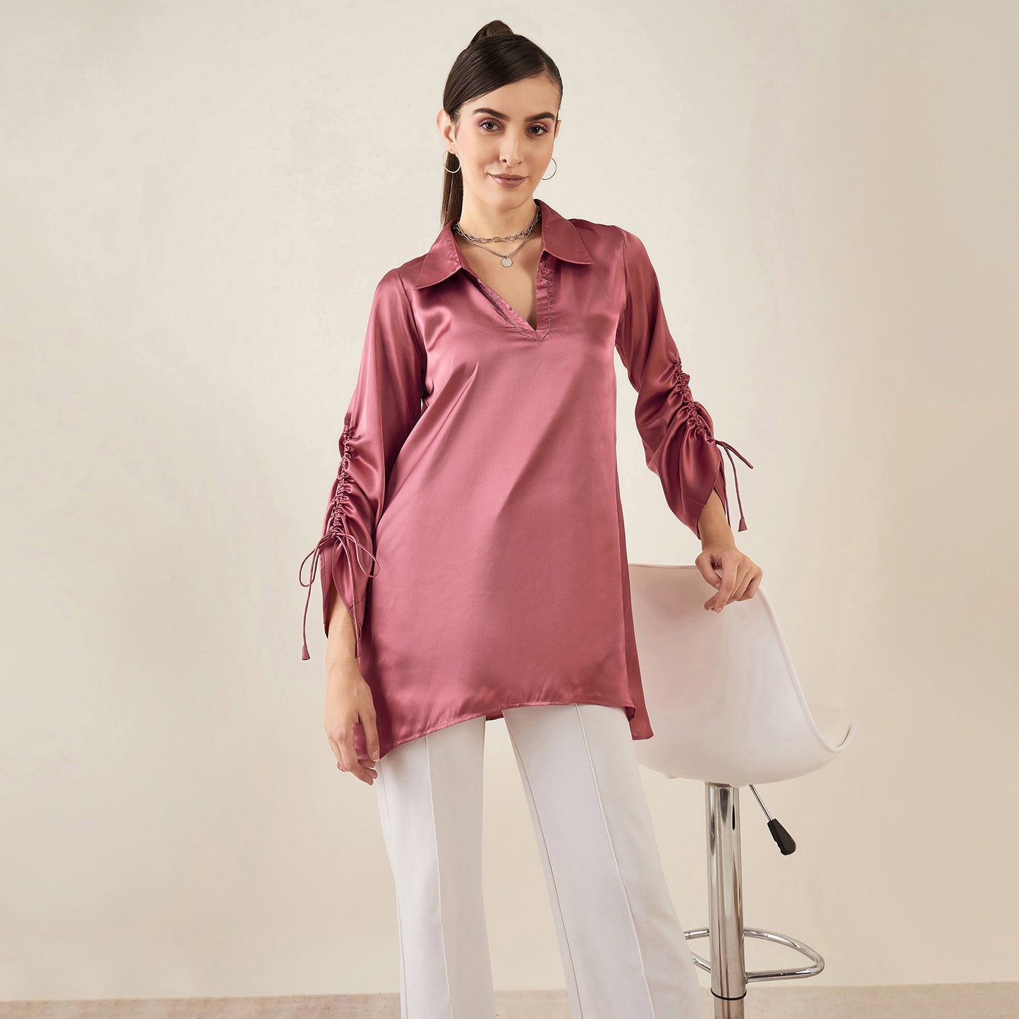 Old Rose Gathered Sleeves Embellished Satin Tunic