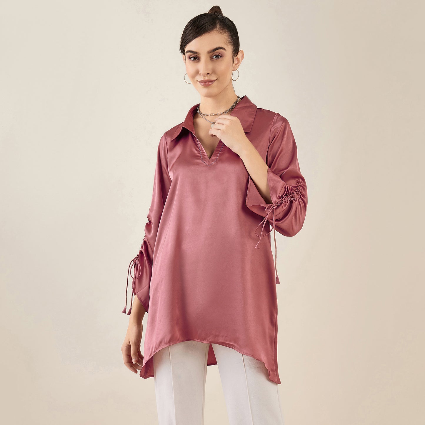 Old Rose Gathered Sleeves Embellished Satin Tunic