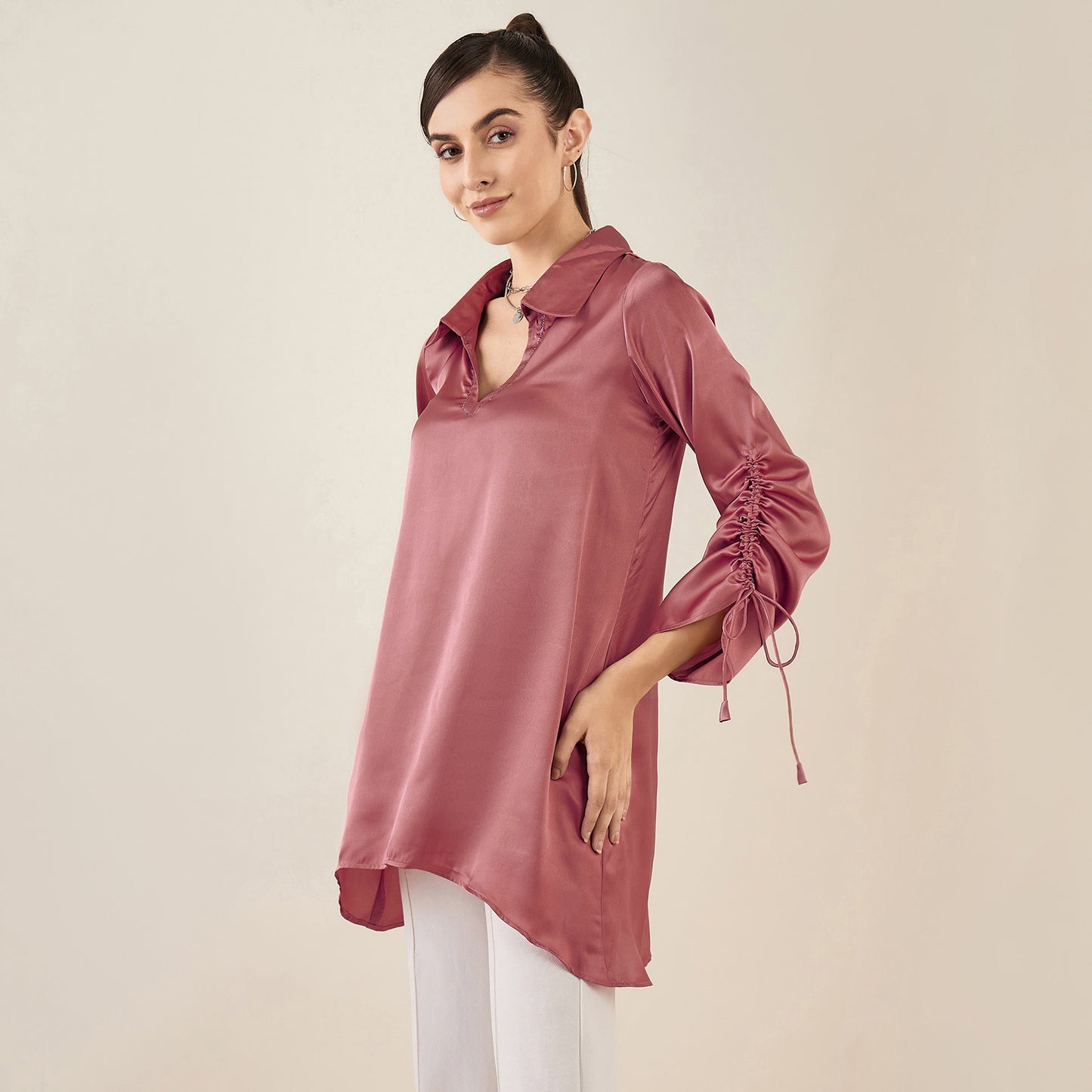 Old Rose Gathered Sleeves Embellished Satin Tunic