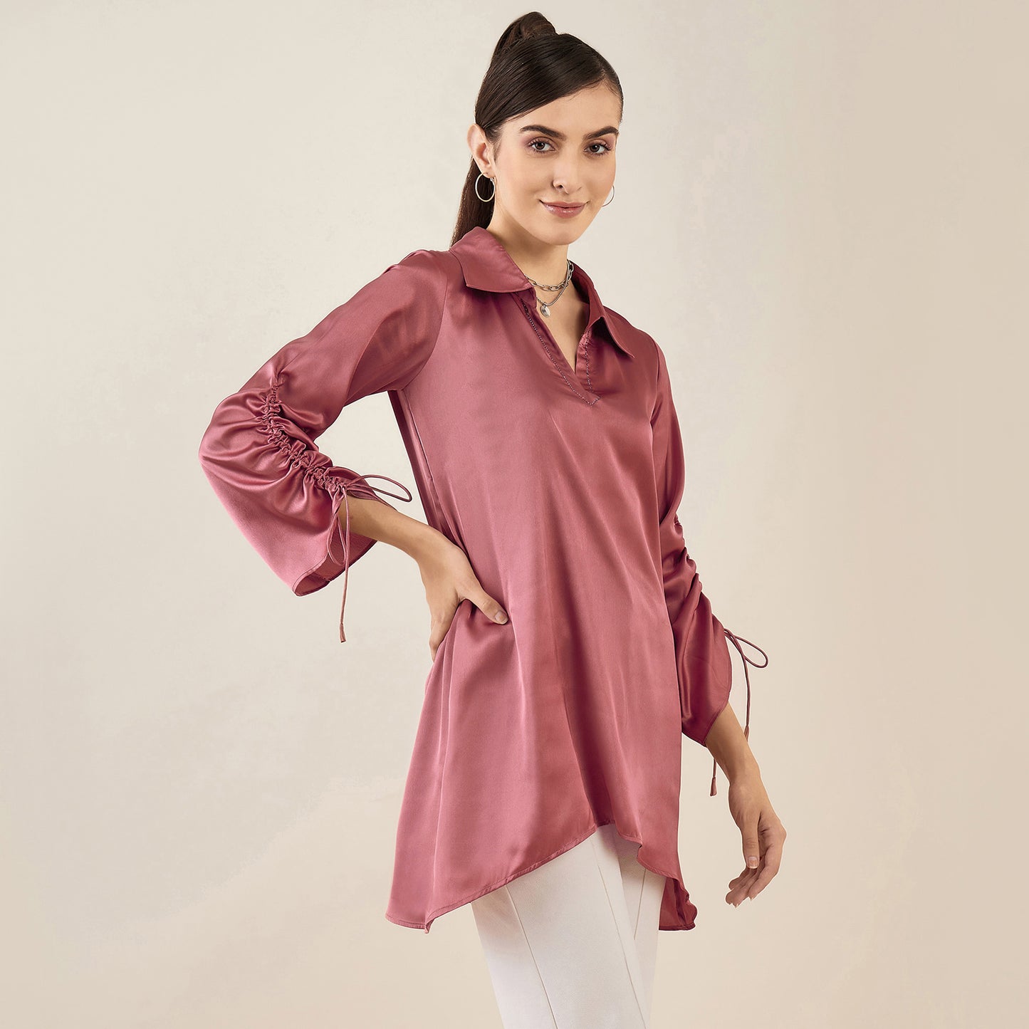Old Rose Gathered Sleeves Embellished Satin Tunic