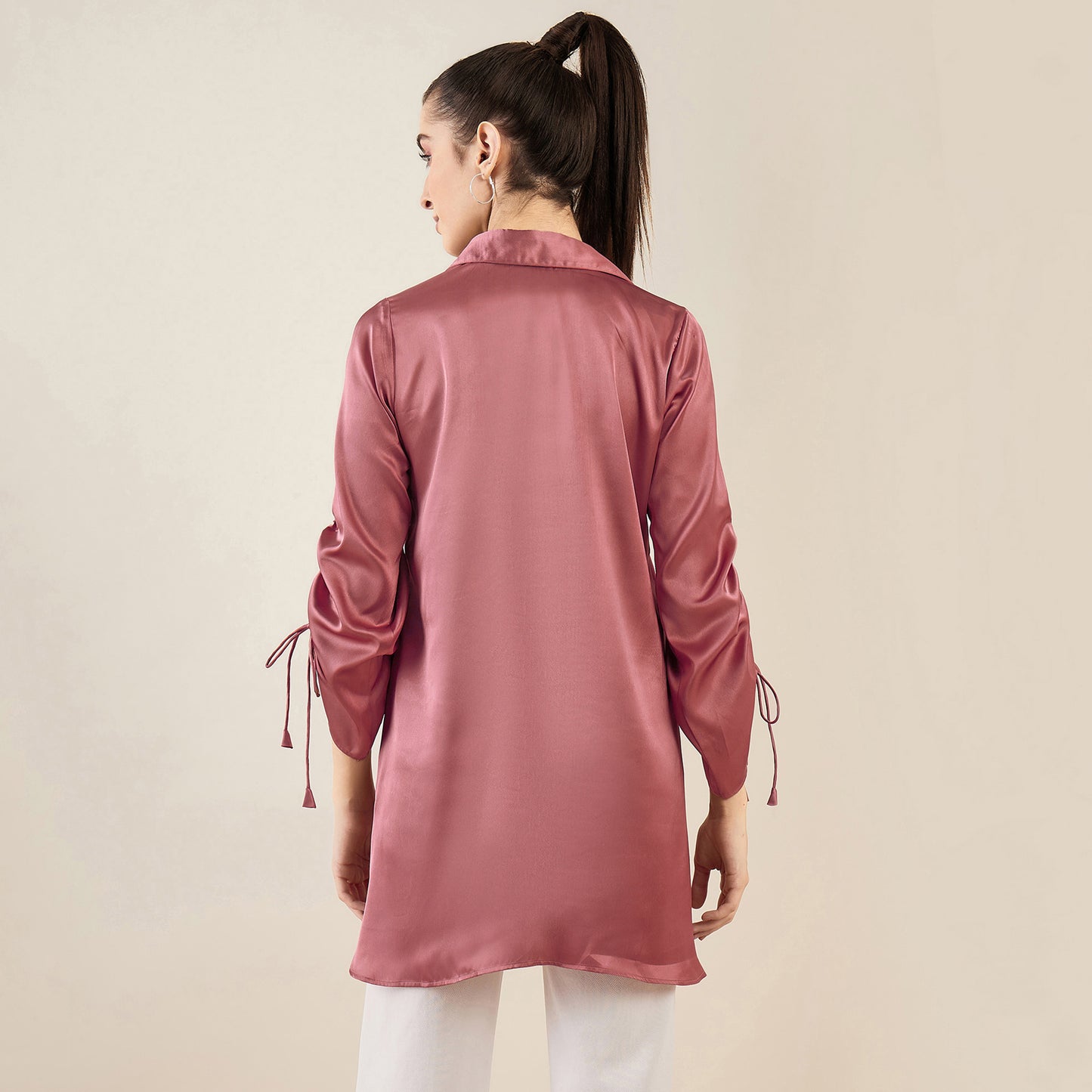 Old Rose Gathered Sleeves Embellished Satin Tunic