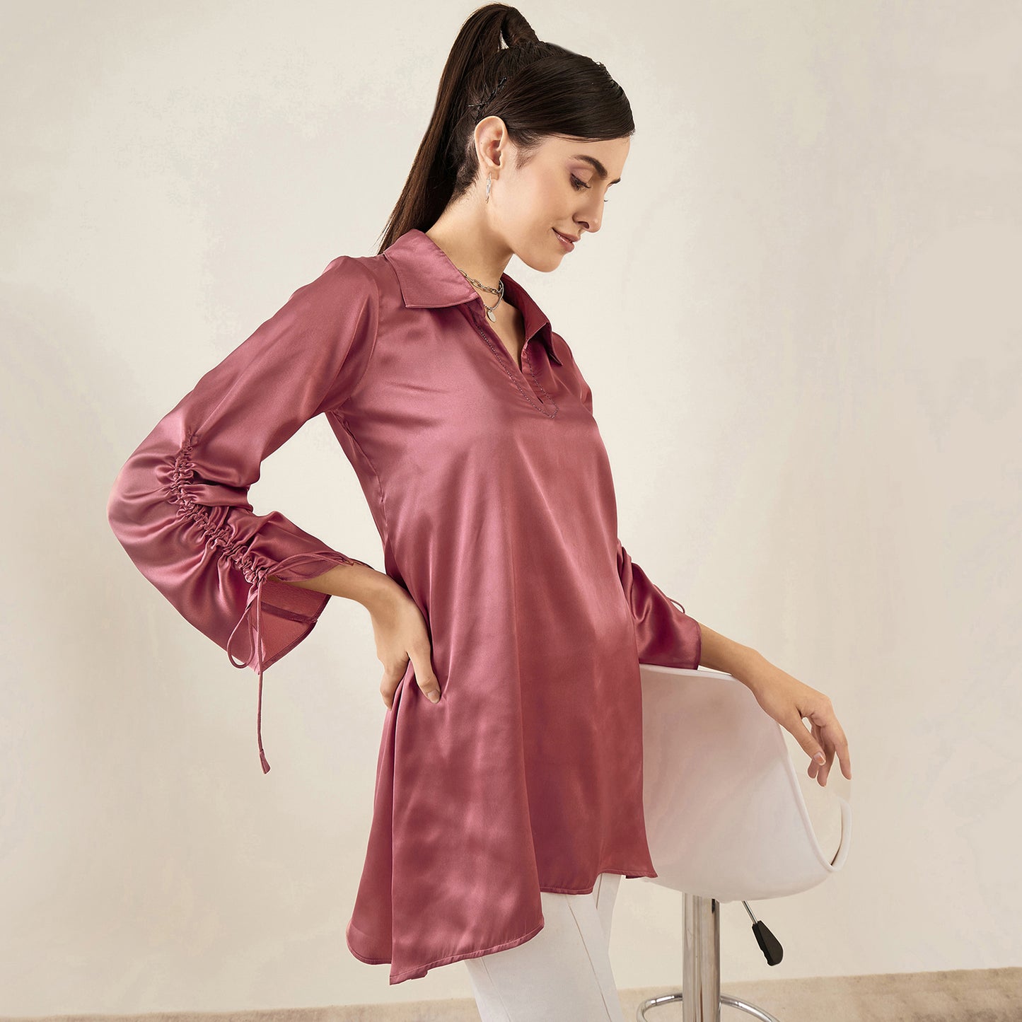 Old Rose Gathered Sleeves Embellished Satin Tunic